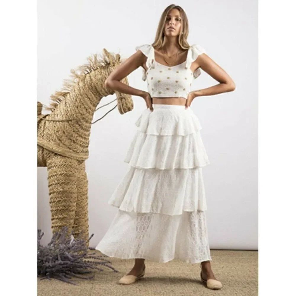 NEW SUNDRESS Sz S ADRIA TIERED EYELET MAXI SKIRT IVORY